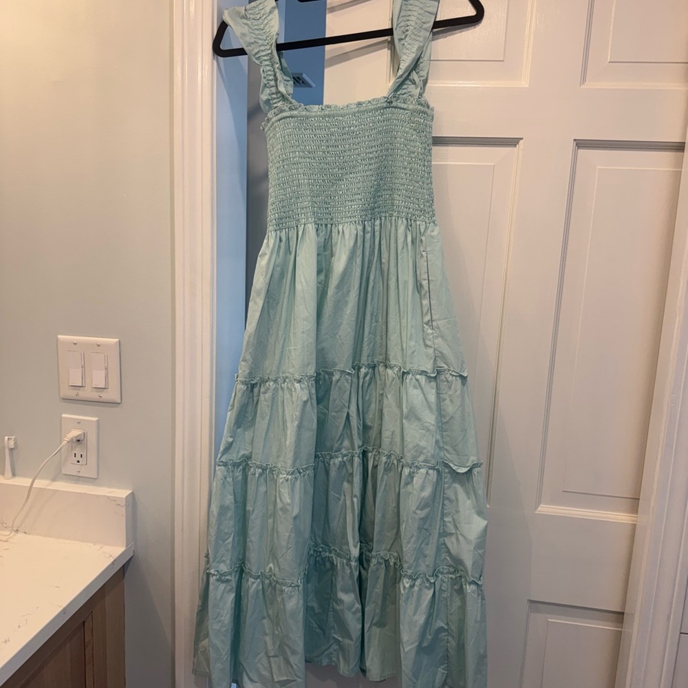 Women’s Light Aqua Smocked Tiered Midi Dress